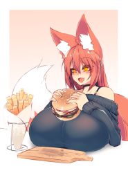 Rule 34 | 1girl, animal ear fluff, animal ears, black choker, breast rest, breasts, burger, choker, commentary, cutting board, english commentary, fang, food, fox ears, fox girl, fox tail, french fries, hair between eyes, highres, huge breasts, large tail, long hair, long sleeves, off shoulder, orange eyes, original, red hair, simple background, solo, sub-res, tail, upper body