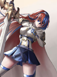 Rule 34 | 1girl, absurdres, alear (female) (fire emblem), alear (fire emblem), artist request, blue eyes, blue hair, braid, breasts, cape, crown braid, fire emblem, fire emblem engage, gloves, heterochromia, highres, holding, holding sword, holding weapon, jewelry, long hair, looking at viewer, medium breasts, multicolored hair, nintendo, red eyes, red hair, ring, simple background, smile, solo, sword, thighhighs, tiara, very long hair, weapon