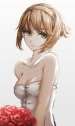 Rule 34 | 10s, 1girl, bare shoulders, bouquet, breasts, brown hair, cleavage, dress, flower, green eyes, grey background, hairband, kantai collection, labombardier!, looking at viewer, mutsu (kancolle), off shoulder, rose, short hair, simple background, small breasts, smile, solo, wedding dress, white dress