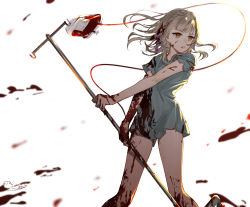 Rule 34 | 1girl, blonde hair, blood, blood on face, blood splatter, blood on clothes, bow, briar rose (sinoalice), commentary request, dated, hair bow, highres, hospital gown, intravenous drip, ojo aa, parted lips, signature, sinoalice, solo, torn clothes, white background, yellow eyes
