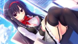 Rule 34 | 1girl, black hair, black thighhighs, blinders, blurry, blush, bokeh, book, braid, crossed legs, day, depth of field, dutch angle, feet out of frame, french braid, game cg, garter straps, hairband, hamidashi creative, highres, holding, holding book, kamakura shio, long hair, long sleeves, miniskirt, non-web source, official art, on chair, on lap, open book, photoshop (medium), pleated skirt, red eyes, sitting, skirt, solo, thighhighs, utsunomiya tsumire, window
