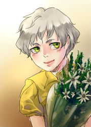 Rule 34 | 10s, 1boy, aged down, bouquet, child, email555, flower, gradient background, green eyes, grey hair, lips, male focus, plant, short hair, solo, tiger &amp; bunny, yuri petrov