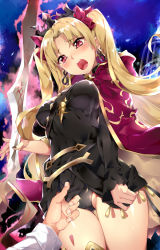 Rule 34 | 1boy, 1girl, asymmetrical sleeves, between breasts, black dress, black leotard, black nails, blonde hair, blush, breasts, cloak, commentary request, dress, dress tug, earrings, embarrassed, ereshkigal (fate), fate/grand order, fate (series), fingernails, from below, fujimaru ritsuka (male), glowing, glowing weapon, gluteal fold, hair ribbon, head tilt, holding, holding weapon, hood, hood down, hooded cloak, hoop earrings, infinity symbol, jewelry, large breasts, legs together, leotard, long hair, long sleeves, looking down, naha78, nail polish, nose blush, open mouth, parted bangs, print cloak, print leotard, red cloak, red eyes, red ribbon, ribbon, shiny skin, short dress, single sleeve, skull, spine, standing, sweat, teeth, thigh gap, tiara, tohsaka rin, two side up, uneven sleeves, upper teeth only, weapon