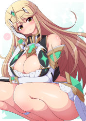 Rule 34 | 1girl, blonde hair, blush, breasts, chest jewel, cleavage, cleavage cutout, clothing cutout, dress, head rest, highres, large breasts, long hair, looking at viewer, mythra (xenoblade), nintendo, ponponmaru, solo, spoken blush, squatting, swept bangs, thigh strap, thighs, very long hair, white dress, xenoblade chronicles (series), xenoblade chronicles 2, yellow eyes