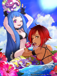 Rule 34 | 2girls, ;d, armband, arms up, ball, beachball, bikini, bikini top only, black gloves, blue hair, blue sky, cloud, company name, dark skin, dark-skinned female, day, drink, drinking, drinking straw, fingerless gloves, flower, glass, gloves, hibiscus, looking at viewer, multiple girls, navel, o-ring, official art, one eye closed, open mouth, orange eyes, outdoors, pale skin, purple eyes, red bikini, red hair, sky, smile, straw, sun, sunlight, swimsuit, water, yuu (higashi no penguin)