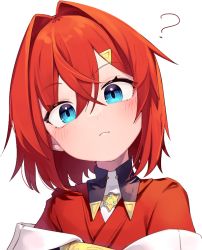 Rule 34 | 1girl, ?, ange katrina, ange katrina (1st costume), blue eyes, blush, closed mouth, hair between eyes, hair intakes, hair ornament, head tilt, looking at viewer, nijisanji, red hair, red shirt, shirt, simple background, solo, sukuna136, upper body, virtual youtuber, white background