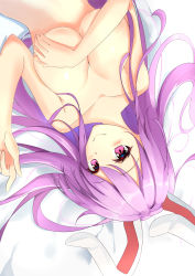 Rule 34 | 1girl, absurdres, animal ears, bed sheet, blush, breasts, collarbone, completely nude, covering privates, covering breasts, diving penguin, hand up, highres, large breasts, long hair, looking at viewer, lying, nude, on back, purple eyes, purple hair, rabbit ears, reisen udongein inaba, smile, solo, stomach, touhou, upper body, upside-down