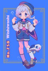 Rule 34 | 1girl, air bubble, blue background, blue eyes, blue footwear, blue hat, blue sailor collar, braid, bubble, character name, creatures (company), english text, fish, framed, full body, game freak, gen 7 pokemon, grey hair, hands up, hat, highres, knees, long sleeves, looking at viewer, moemon, narumame, nintendo, personification, poke ball, pokedex number, pokemon, pokemon (creature), sailor collar, shirt, short hair, shorts, simple background, symbol-shaped pupils, tears, underwater, wishiwashi, wishiwashi (solo)