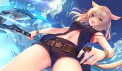 Rule 34 | 1girl, :d, animal ears, bangle, bare shoulders, black jacket, black shorts, blue eyes, blue sky, bracelet, breasts, brown eyes, cat ears, cat girl, cat tail, cloud, cloudy sky, commission, day, final fantasy, final fantasy xiv, from below, heterochromia, holding, holding weapon, hood, hood down, hooded jacket, jacket, jewelry, light brown hair, long hair, looking at viewer, medium breasts, miqo&#039;te, navel, open mouth, outdoors, short shorts, shorts, skeb commission, sky, slit pupils, smile, solo, sorai shin&#039;ya, tail, weapon, weapon request