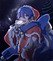 Rule 34 | 1boy, blue eyes, blue hair, blue scarf, breath, capelet, christmas lights, christmas tree, commentary, fur-trimmed capelet, fur-trimmed gloves, fur-trimmed headwear, fur-trimmed sleeves, fur trim, gloves, hair between eyes, hat, highres, holding, holding sack, kaito (vocaloid), male focus, milky way, neck bell, neck ribbon, night, reaching, reaching towards viewer, ribbon, sack, santa costume, santa hat, scarf, short hair, sky, smile, solo, star (sky), starry sky, vocaloid, ziling