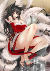 Rule 34 | 1girl, ahri (league of legends), animal ears, bare shoulders, barefoot, black hair, bookshelf, breasts, building, cleavage, comb, crane (machine), detached sleeves, facial mark, fox ears, fox tail, giant, giantess, korean clothes, large breasts, league of legends, light, long hair, looking at viewer, multiple tails, nail polish, nonoririn, people, road, solo focus, spotlight, tail, toenail polish, toenails, whisker markings, yellow eyes