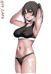 1girl absurdres alternate_costume armpits arms_up black_hair black_panties black_sports_bra breasts brown_eyes cleavage commentary_request cowboy_shot cropped_legs dark-skinned_female dark_skin highres kantai_collection long_hair looking_at_viewer medium_breasts nagara_(kancolle) navel open_mouth panties simple_background smile solo sports_bra steaming_body stomach tan tanline tf_cafe twitter_username underwear white_background