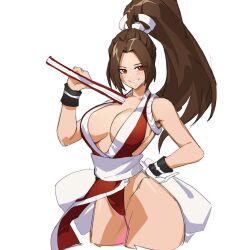 Rule 34 | absurdres, arm guards, blush, breasts, brown eyes, brown hair, fatal fury, folded fan, folding fan, hand fan, high ponytail, highres, holding, holding fan, japanese clothes, ninja, pelvic curtain, ponytail, revealing clothes, rope, shiranui mai, sideboob, simple background, smile, solo, street fighter, street fighter 6, the king of fighters, y frt