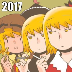 Rule 34 | 2017, 3girls, aki minoriko, aki shizuha, blonde hair, cigarette, commentary request, food, french fries, fruit, grapes, hat, jitome, leaf, lunasa prismriver, multiple girls, onikobe rin, popularity contest, short hair, solid oval eyes, touhou, yellow eyes