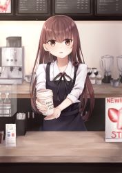 Rule 34 | 1girl, :d, absurdres, apron, barista, blender (object), blurry, blurry background, bottle, brown eyes, brown hair, counter, cup, disposable cup, highres, indoors, long hair, looking at viewer, open mouth, original, shirt, smile, solo, standing, upper body, very long hair, white shirt, yua (bokubo0806)