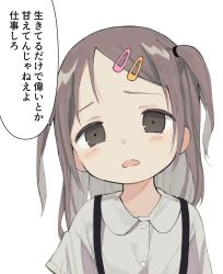 Rule 34 | 1girl, brown eyes, brown hair, buttons, child, d:, facing viewer, hair ornament, hairclip, highres, light blush, long hair, looking at viewer, nanoningen (anapoko), one side up, open mouth, original, parted bangs, shirt, short sleeves, simple background, solo, speech bubble, strap, talking, translation request, upper body, white background, white shirt
