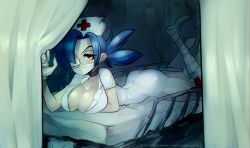 Rule 34 | 1girl, arm under breasts, ass, bed, blue hair, breasts, cleavage, curtains, eyepatch, gloves, half-closed eyes, hat, hospital bed, large breasts, latex, latex gloves, leg up, leg wrap, lying, mask, mouth mask, nikkthehuman, nurse, nurse cap, on stomach, ponytail, red eyes, skullgirls, solo, surgical mask, tagme, valentine (skullgirls)