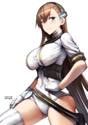 Rule 34 | 1girl, bad id, bad twitter id, belko, blue eyes, blush, braid, breasts, brown hair, cleavage, covered navel, gloves, hair between eyes, hair ornament, hairband, hand on own hip, large breasts, leotard, long hair, phantom of the kill, pouch, signature, simple background, skindentation, smile, solomon (phantom of the kill), strap, taut clothes, taut leotard, thighhighs, underbust, very long hair, white background, white leotard, white thighhighs
