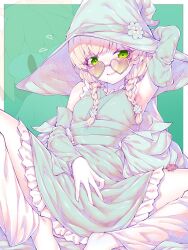 Rule 34 | 1girl, blonde hair, braid, copyright request, green eyes, green hat, hat, heart, heart-shaped eyewear, highres, kupa (jesterwii), looking at viewer, medium hair, solo, sunglasses, twin braids, virtual youtuber, witch hat