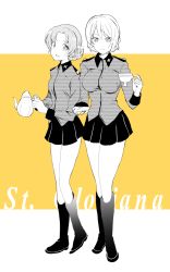 Rule 34 | 10s, black bow, boots, bow, braid, braided bun, closed mouth, commentary, cup, darjeeling (girls und panzer), english text, epaulettes, full body, girls und panzer, greyscale, greyscale with colored background, hair bun, holding, holding cup, holding saucer, holding teapot, jacket, light smile, long sleeves, looking at viewer, military, military uniform, miniskirt, moekichi, monochrome, open mouth, orange background, orange pekoe (girls und panzer), partially colored, pleated skirt, saucer, short hair, skirt, smile, st. gloriana&#039;s military uniform, standing, teacup, teapot, uniform