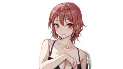 Rule 34 | 1girl, amagi (amagi626), bare shoulders, blush, bra, breasts, chair, cleavage, closed mouth, collarbone, hair between eyes, hand on own chest, hand up, horikawa raiko, lace, lace-trimmed bra, lace trim, large breasts, light smile, looking at viewer, red eyes, red hair, short hair, simple background, solo, touhou, underwear, upper body, white background