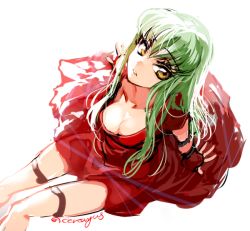 Rule 34 | 1girl, breasts, c.c., cleavage, code geass, creayus, detached sleeves, dress, green hair, long hair, looking at viewer, parted lips, red dress, simple background, sitting, solo, thigh strap, twitter username, white background, yellow eyes