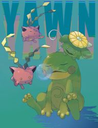 Rule 34 | bubble, closed eyes, commentary request, creatures (company), game freak, gen 2 pokemon, gogot, green background, highres, hoppip, nintendo, no humans, open mouth, pokemon, pokemon (creature), politoed, sitting, skiploom, toes, yawning, yellow eyes