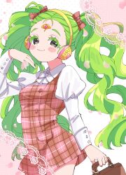 Rule 34 | 1girl, closed mouth, colored eyelashes, curly hair, dress, falulu, forehead jewel, green hair, grey eyes, headphones, highres, holding, juliet sleeves, long hair, long sleeves, looking at viewer, plaid, plaid dress, pretty series, pripara, puffy sleeves, shirt, smile, solo, standing, sukoyaka (100hituzi), twintails, very long hair, white shirt