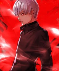 Rule 34 | 1boy, angry, black jacket, black shirt, blouse, closed mouth, commentary request, from side, gradient background, hair between eyes, highres, jacket, kaneki ken, long sleeves, looking at viewer, looking to the side, male focus, out of frame, red background, red eyes, shirt, short hair, simple background, solo, tokyo ghoul, upper body, white hair, yoshio (55level)