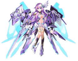 Rule 34 | 1girl, absurdres, alternate breast size, armor, blue eyes, breasts, cleavage, company connection, copyright name, elbow gloves, full body, gloves, hair ornament, highres, holding, holding weapon, large breasts, long hair, looking at viewer, mechanical wings, nakamura eight, navel, nepgear, nepnep connect: chaos chanpuru, neptune (series), official art, purple hair, purple sister, purple sister v, shoulder armor, simple background, smile, solo, weapon, white background, wings