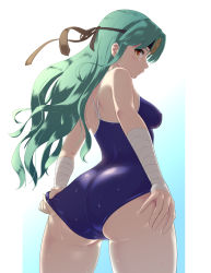 Rule 34 | 1girl, adjusting clothes, adjusting swimsuit, ass, back, bad id, bad pixiv id, bandaged arm, bandages, blue background, blue one-piece swimsuit, blush, breasts, brown eyes, commentary request, competition school swimsuit, comugico, cowboy shot, from behind, from side, gradient background, green hair, hand on own ass, headband, highres, houchi shoujo, legs apart, long hair, looking at viewer, medium breasts, one-piece swimsuit, parted bangs, profile, school swimsuit, simple background, skin tight, solo, standing, swimsuit, thighs, wet, wet clothes, wet swimsuit, white background