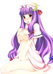Rule 34 | 1girl, blush, bow, breasts, crescent, crescent moon, female focus, hair bow, hat, highres, kaneru, large breasts, long hair, moon, nipples, open clothes, open mouth, open robe, patchouli knowledge, purple eyes, purple hair, robe, simple background, solo, touhou
