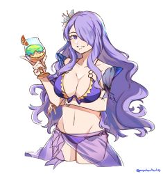Rule 34 | 1girl, :d, arm under breasts, bikini, breasts, camilla (fire emblem), camilla (summer) (fire emblem), cleavage, collarbone, commentary, commission, cowboy shot, cropped legs, cup, english commentary, fire emblem, flower, graysheartart, groin, hair flower, hair ornament, hair over one eye, holding, holding cup, large breasts, long hair, looking at viewer, nintendo, open mouth, purple bikini, purple eyes, purple hair, sidelocks, simple background, smile, solo, swimsuit, twitter username, wavy hair, white background