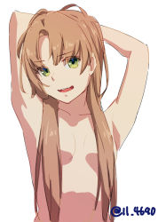 Rule 34 | 1girl, 4690 (tkpbsk), akigumo (kancolle), alternate hairstyle, armpits, arms behind head, breasts, brown hair, commentary request, green eyes, hair censor, hair down, kantai collection, long hair, mole, mole under eye, nude, one-hour drawing challenge, open mouth, small breasts, solo, upper body
