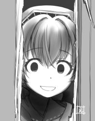 Rule 34 | 1girl, bandana, commentary request, crossed bangs, ebifly, empty eyes, greyscale, hair between eyes, hair intakes, headgear, here&#039;s johnny! (meme), jingei (kancolle), kantai collection, meme, monochrome, open mouth, parody, portrait, signature, solo, the shining