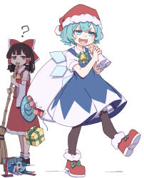 Rule 34 | ?, absurdres, ascot, bamboo broom, bell, blue bow, blue eyes, blue hair, bow, breasts, broom, brown eyes, brown hair, christmas, circled 9, cirno, collared shirt, detached sleeves, dress, flat chest, frilled skirt, frills, full body, fumo (doll), gift, hair bow, hakurei reimu, hat, highres, holding, holding sack, ice, ice wings, kame (kamepan44231), neck ribbon, open mouth, pantyhose, pinafore dress, red footwear, red ribbon, red shirt, red skirt, ribbon, sack, santa hat, shirt, short hair, skirt, skirt set, sleeveless, sleeveless dress, sleeveless shirt, small breasts, smile, touhou, white shirt, white sleeves, wide sleeves, wings, yellow ascot