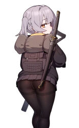 Rule 34 | 1boy, ass, backpack, bag, black jacket, black pantyhose, closed mouth, feet out of frame, from behind, grey hair, gun, highres, ikr (artist), jacket, long hair, looking at viewer, looking back, male focus, pantyhose, pleated skirt, sheath, sheathed, simple background, skirt, solo, standing, suppressor, sword, thighband pantyhose, tongkkangi, tongkkangi (streamer), trap, twintails, virtual youtuber, weapon, white background, yellow eyes