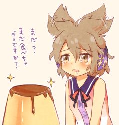 Rule 34 | 1girl, bad id, bad pixiv id, brown eyes, brown hair, dress, earmuffs, female focus, flapping, food, furorida, open mouth, pudding, short hair, simple background, sleeveless, solo, tears, touhou, toyosatomimi no miko, translation request