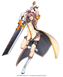 Rule 34 | 1girl, boots, chaos online, company name, copyright name, fang, full body, hair ornament, highres, huge weapon, love cacao, mazenda (chaos online), official art, open mouth, simple background, skirt, solo, stuffed animal, stuffed toy, sword, teddy bear, teddy bear hair ornament, weapon, white background