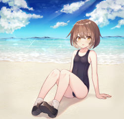Rule 34 | 1girl, absurdres, arm support, artist request, bad id, bad pixiv id, beach, black one-piece swimsuit, blue sky, blush, breasts, brown hair, caustics, cloud, collarbone, covered navel, day, hair between eyes, highres, knees up, loafers, looking at viewer, mountainous horizon, ocean, on ground, one-piece swimsuit, original, outdoors, parted lips, pigeon-toed, school swimsuit, shiny clothes, shoes, short hair, sitting, sky, small breasts, socks, solo, sparkle, swimsuit, water drop, yellow eyes