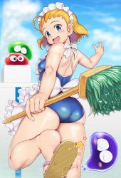 Rule 34 | 1girl, ahoge, apron, ass, back bow, blonde hair, blue eyes, blue one-piece swimsuit, blue sky, blush, bow, breasts, broom, commentary request, from behind, highres, holding, holding broom, kikimora (puyopuyo), kneepits, looking at viewer, maid headdress, medium breasts, medium hair, one-piece swimsuit, open mouth, orizen, outdoors, outstretched arms, puyopuyo, sandals, sega, sky, slime (creature), smile, solo, swimsuit, tareme, thighs, white bow