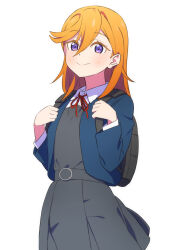 Rule 34 | 1girl, afnroll, backpack, bag, black bag, blue jacket, closed mouth, collared shirt, commentary request, dress, grey dress, hair between eyes, highres, jacket, long sleeves, looking at viewer, love live!, love live! superstar!!, medium hair, neck ribbon, open clothes, open jacket, orange hair, pinafore dress, purple eyes, red ribbon, ribbon, school uniform, shibuya kanon, shirt, sleeveless, sleeveless dress, smile, solo, standing, swept bangs, upper body, white background, white shirt, winter uniform, yuigaoka school uniform