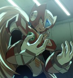 Rule 34 | 1boy, absurdres, android, armor, blonde hair, blue eyes, ceiling light, commentary, commentary request, crying, crying with eyes open, english commentary, gloves, helmet, highres, hoshi mikan, indoors, long hair, looking down, male focus, mega man (series), mega man x (series), mixed-language commentary, open mouth, ponytail, red headwear, robot ears, solo, standing, tears, very long hair, white gloves, zero (mega man)