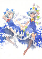 Rule 34 | 2girls, arm up, barefoot, blue hair, bow, cirno, commentary, dual persona, flower, full body, graphite (medium), hair bow, hand up, hidden star in four seasons, ice, ice wings, misawa hiroshi, multiple girls, open mouth, paint splatter, painting (medium), puffy sleeves, short hair, smile, socks, tan, tanned cirno, texture, touhou, traditional media, watercolor (medium), white background, wings