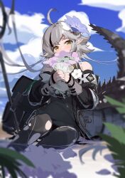 Rule 34 | 1girl, ahoge, arknights, arm warmers, bag, bare shoulders, black dress, black hair, black thighhighs, blurry, blush, bouquet, cloud, commentary, crocodilian tail, cropped legs, day, detached sleeves, dress, flower, grey hair, hair flower, hair ornament, head tilt, highres, holding, holding bouquet, large tail, long hair, long sleeves, looking at viewer, multicolored hair, outdoors, pointy ears, purple flower, siguma (13238772100), sitting, sky, solo, staff, streaked hair, symbol-only commentary, tail, thighhighs, tomimi (arknights), torn clothes, torn thighhighs, two-tone hair, very long hair, white flower, yellow eyes
