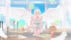 Rule 34 | 1girl, bare shoulders, blue sky, blush, breasts, brown eyes, chair, choker, classroom, cleavage, commission, curtains, day, desk, dress, drinking straw, feathered wings, feathers, green ribbon, highres, indoors, long hair, looking at viewer, medium breasts, open mouth, original, patch oxxo, pink hair, pleated dress, ribbon, school chair, school desk, scrunchie, sitting, sky, solo, very long hair, white choker, white dress, white scrunchie, white wings, window, wings, wrist scrunchie