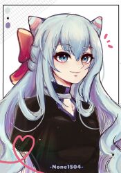 Rule 34 | 1boy, black shirt, blue eyes, blue hair, bow, commentary, cone hair bun, fire emblem, fire emblem engage, hair between eyes, hair bow, hair bun, highres, long hair, looking at viewer, male focus, nintendo, none1504, red bow, rosado (fire emblem), shirt, smile, solo, trap, upper body, very long hair, white background