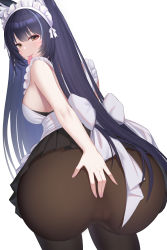 Rule 34 | 1girl, absurdres, animal ear fluff, animal ears, apron, ass, azur lane, bare shoulders, bent over, black hair, blush, breasts, brown pantyhose, cameltoe, condom, condom wrapper, dress, facial mark, fox ears, fox girl, frills, hair ornament, highres, hong bai, large breasts, long hair, looking at viewer, looking back, maid, maid apron, maid headdress, musashi (azur lane), pantyhose, pleated skirt, skirt, solo, very long hair, white background, yellow eyes
