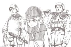Rule 34 | 1girl, 2boys, ak-74, assault rifle, brown theme, character request, closed mouth, dated, gun, helmet, holding, holding gun, holding weapon, horikou, jacket, kagamihara nadeshiko, kalashnikov rifle, long sleeves, military, military jacket, military uniform, monochrome, multiple boys, over shoulder, parted lips, pouch, real life, rifle, signature, simple background, smile, soldier, soviet, soviet army, sweatdrop, uniform, weapon, weapon over shoulder, white background, yurucamp