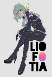Rule 34 | 1boy, ascot, belt boots, black gloves, black jacket, boots, character name, earrings, gloves, green hair, half gloves, high heel boots, high heels, jacket, jewelry, crossed legs, lio fotia, looking at viewer, male focus, promare, purple eyes, shirikon, solo